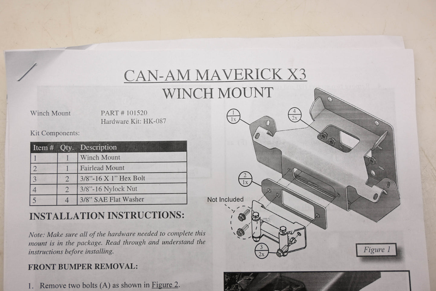 KFI 101520 Can-Am Maverick Winch Mount Kit NOS