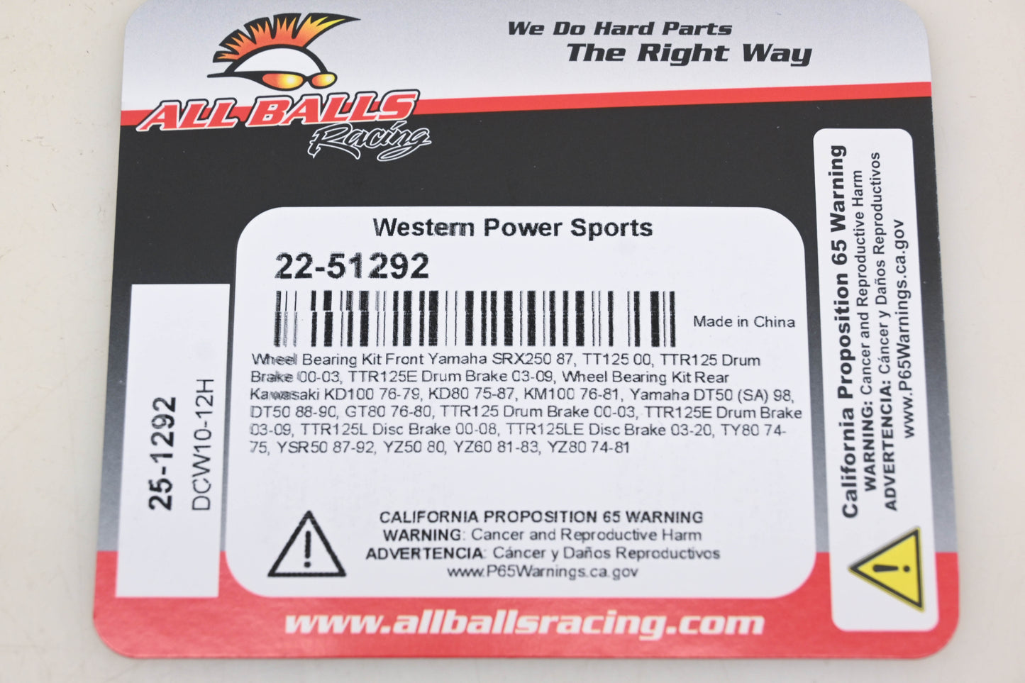 All Balls 22-51292, 25-1292 Front Wheel Bearing Kit NOS