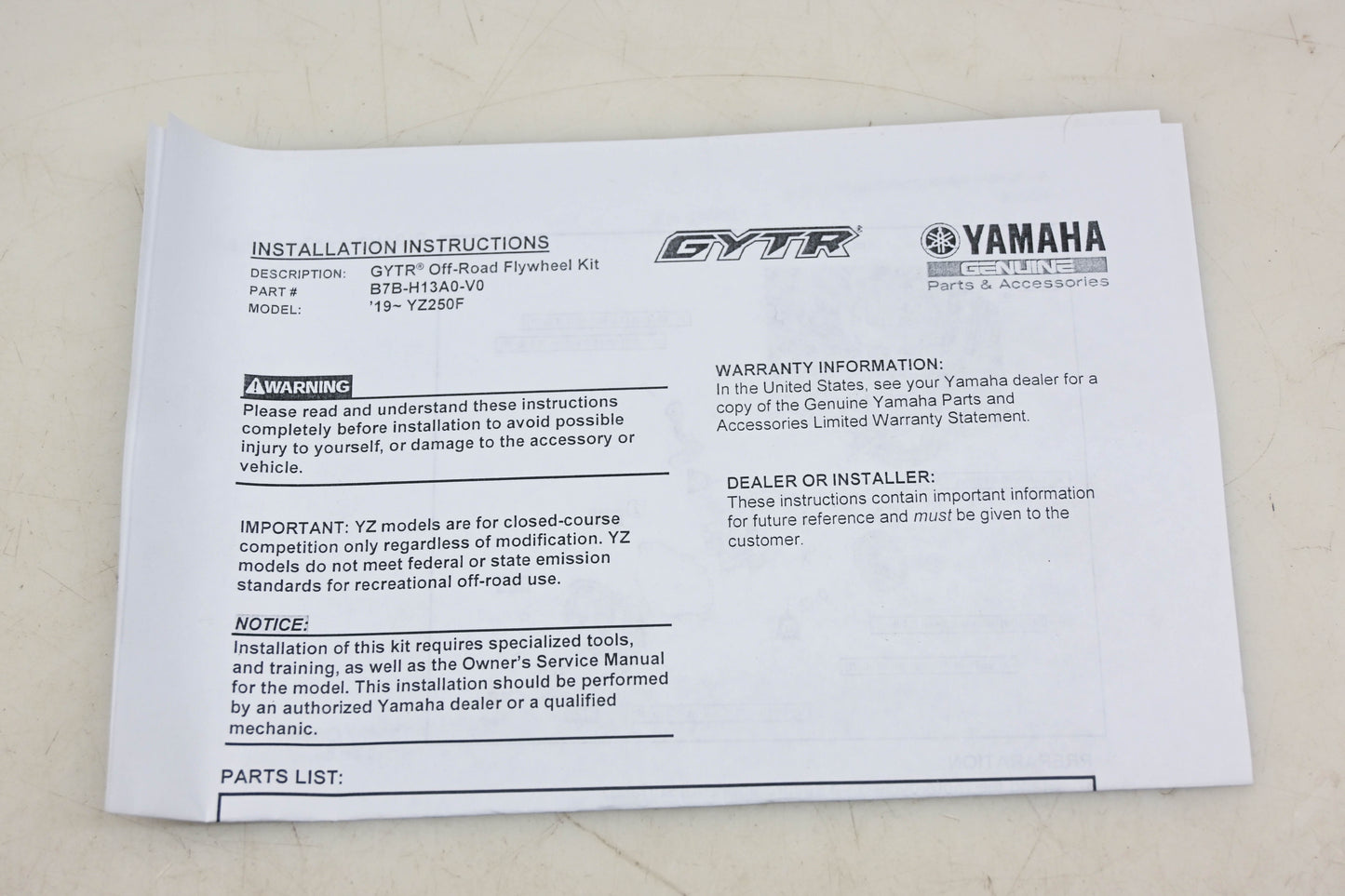 New OEM Yamaha B7B-H13A0-V0-00 YZ250F GYTR Off Road Flywheel Kit NOS