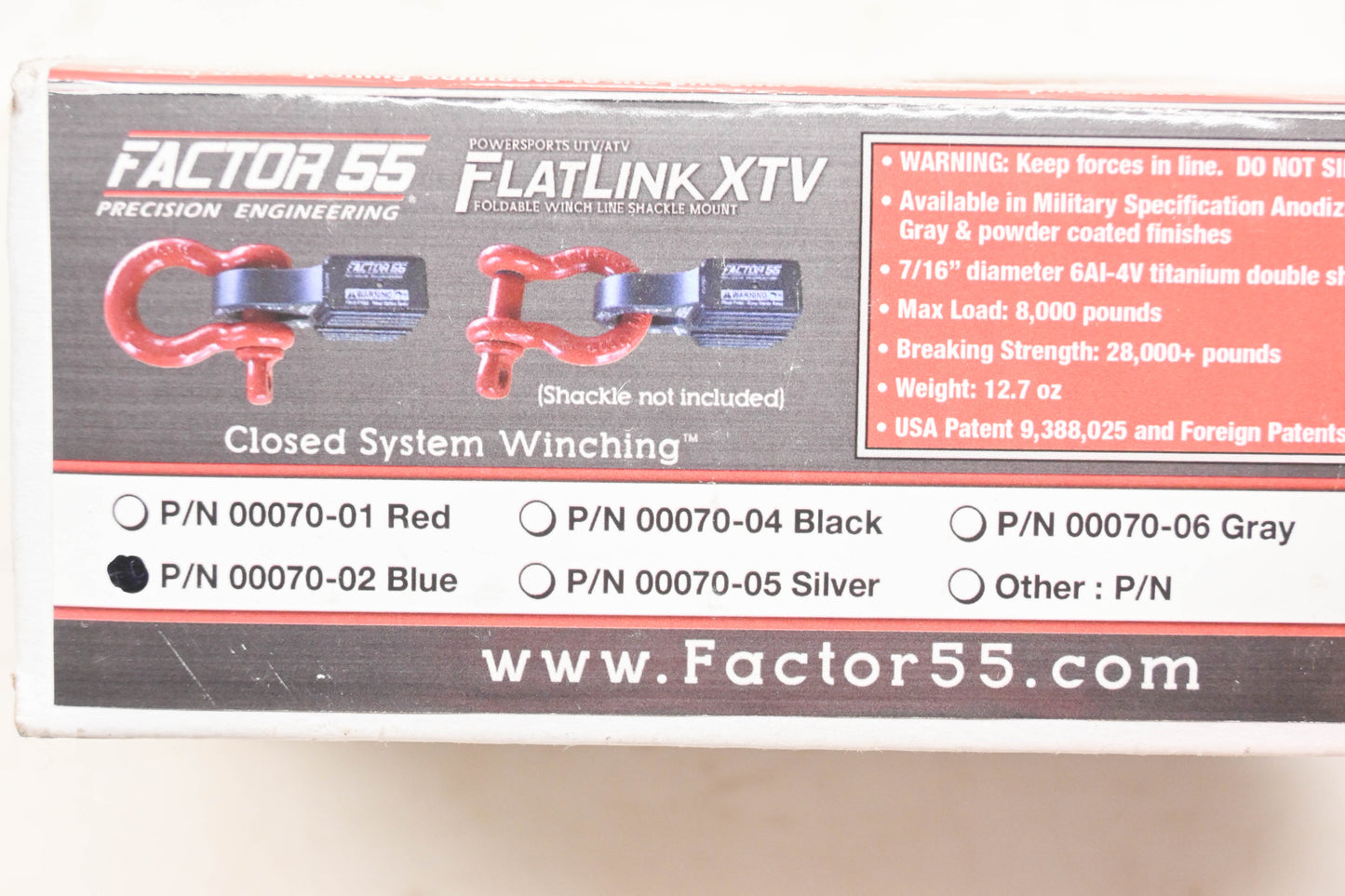 Factor 55 00070-02, 640-00702 Blue Flat Link XTV Winch Shackle NOS