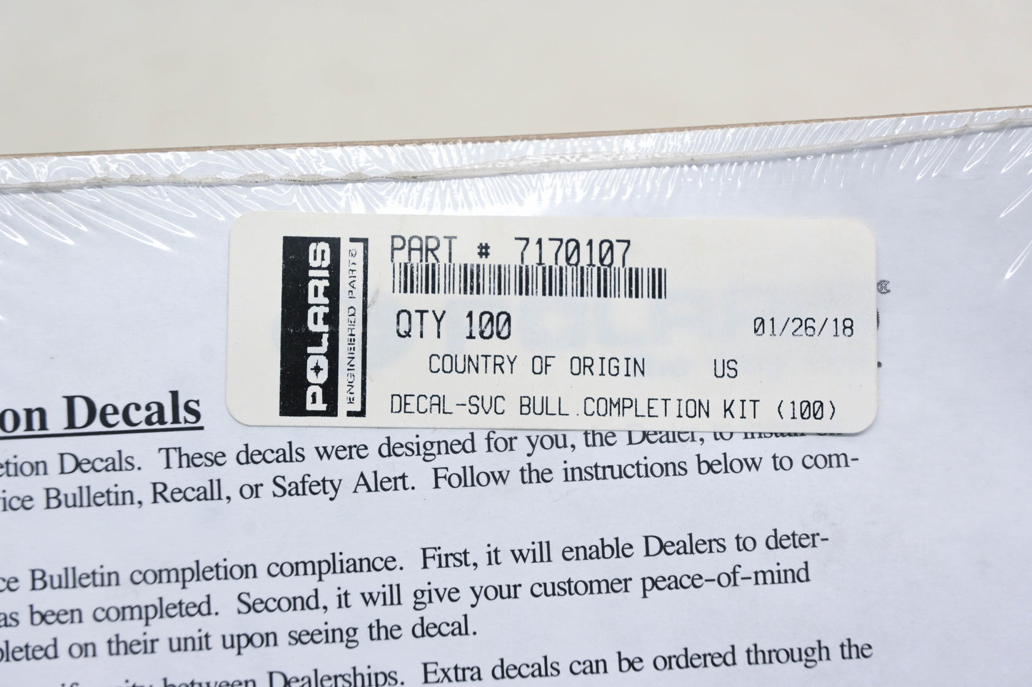 New OEM Polaris 7170107 Service Bulletin Decal Kit NOS