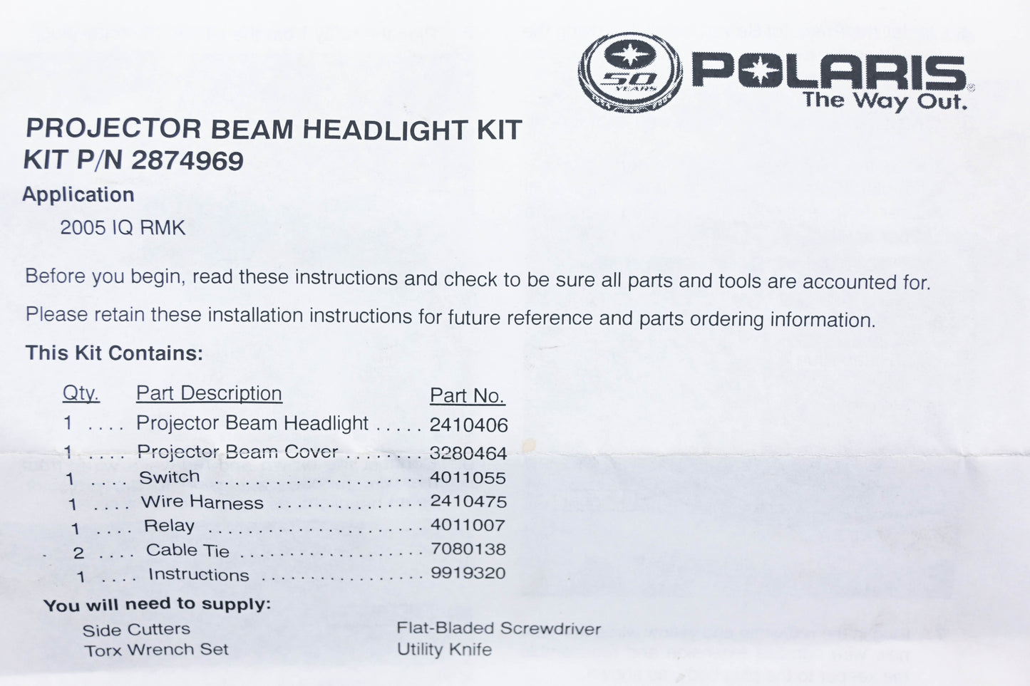 New OEM Polaris 2874969 2005 IQ RMK Projector Beam Headlight Kit NOS
