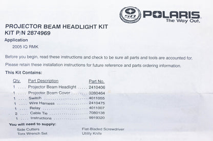 New OEM Polaris 2874969 2005 IQ RMK Projector Beam Headlight Kit NOS