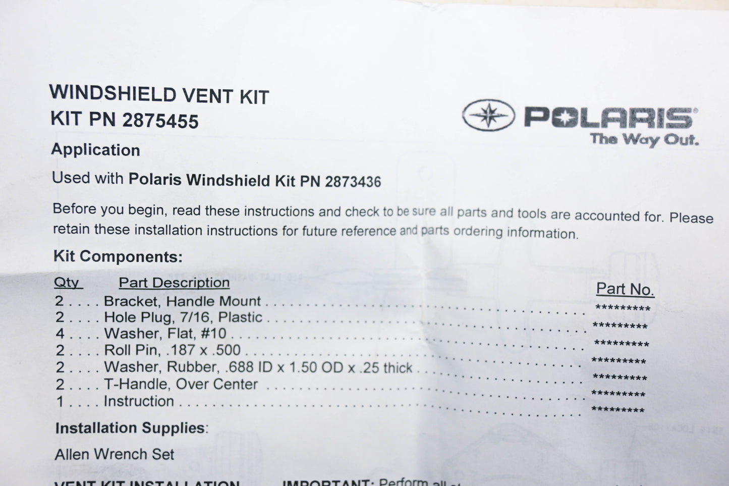 New OEM Polaris 2875455 Windshield Vent Kit NOS
