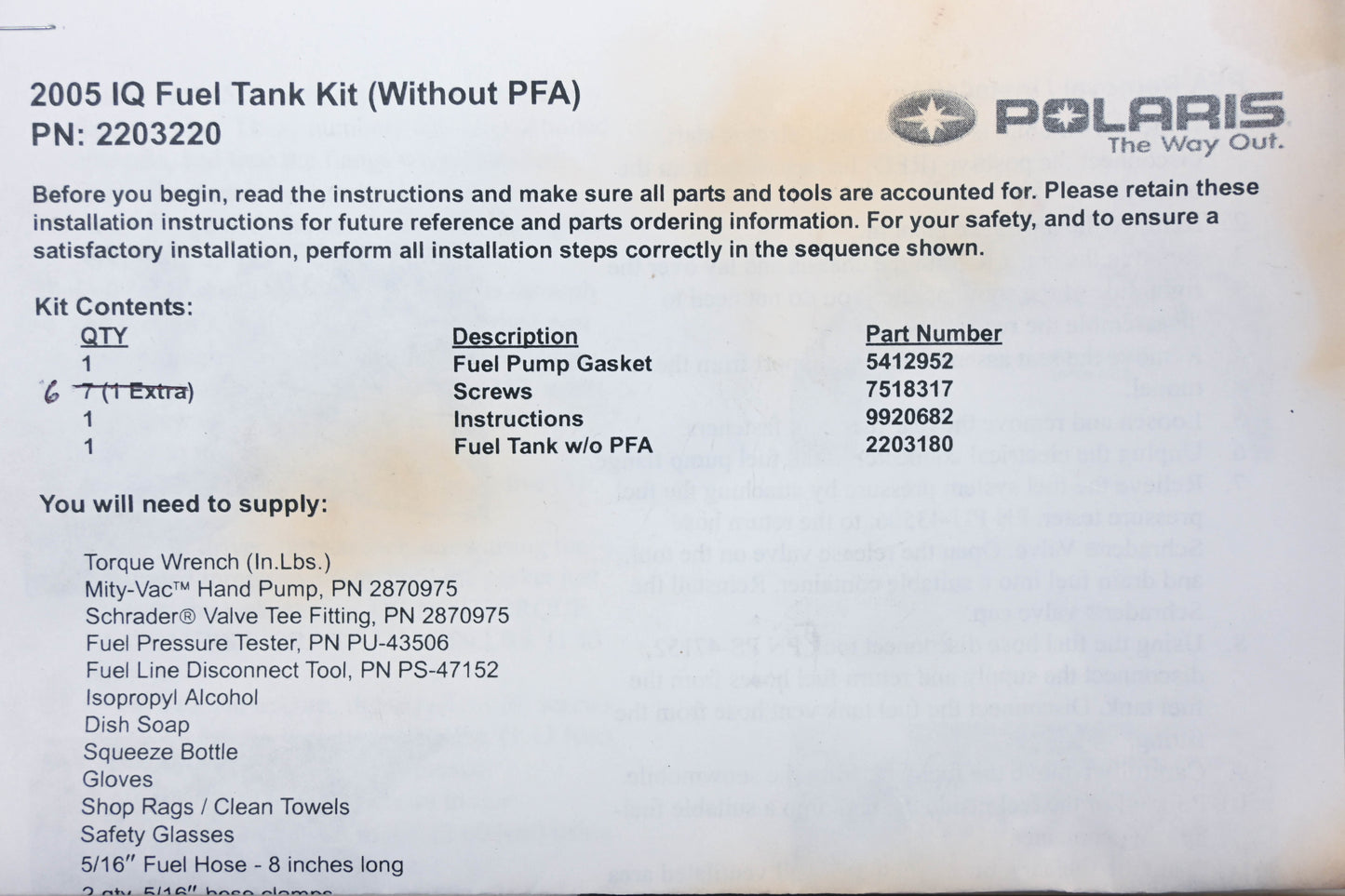 New OEM Polaris 2203220 2005 IQ Fuel Tank Kit NOS