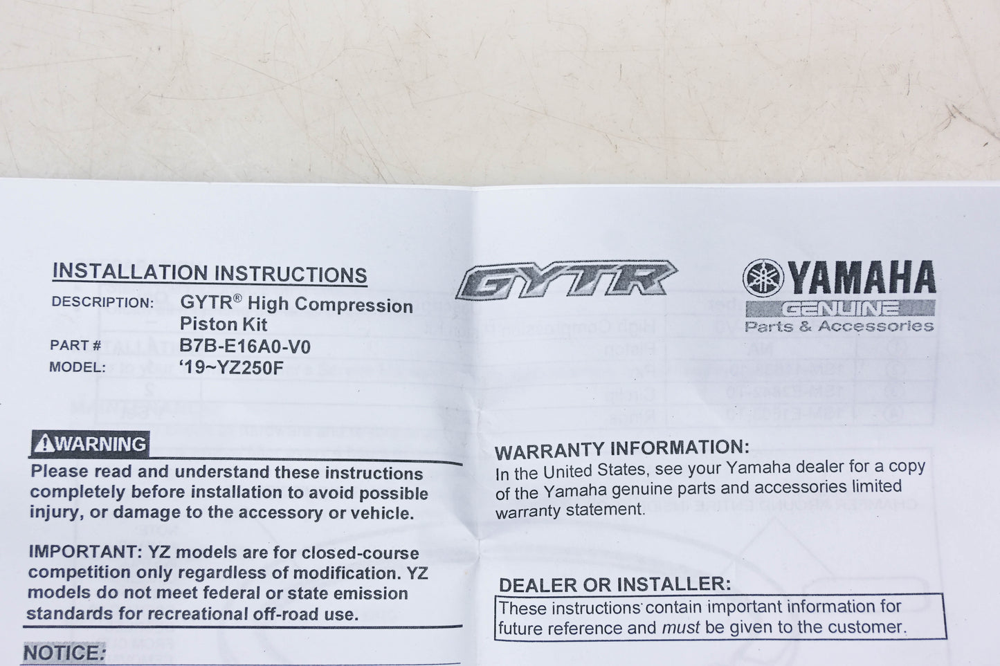 New OEM Yamaha B7B-E16A0-V0-00 GYTR High Compression Piston Kit NOS