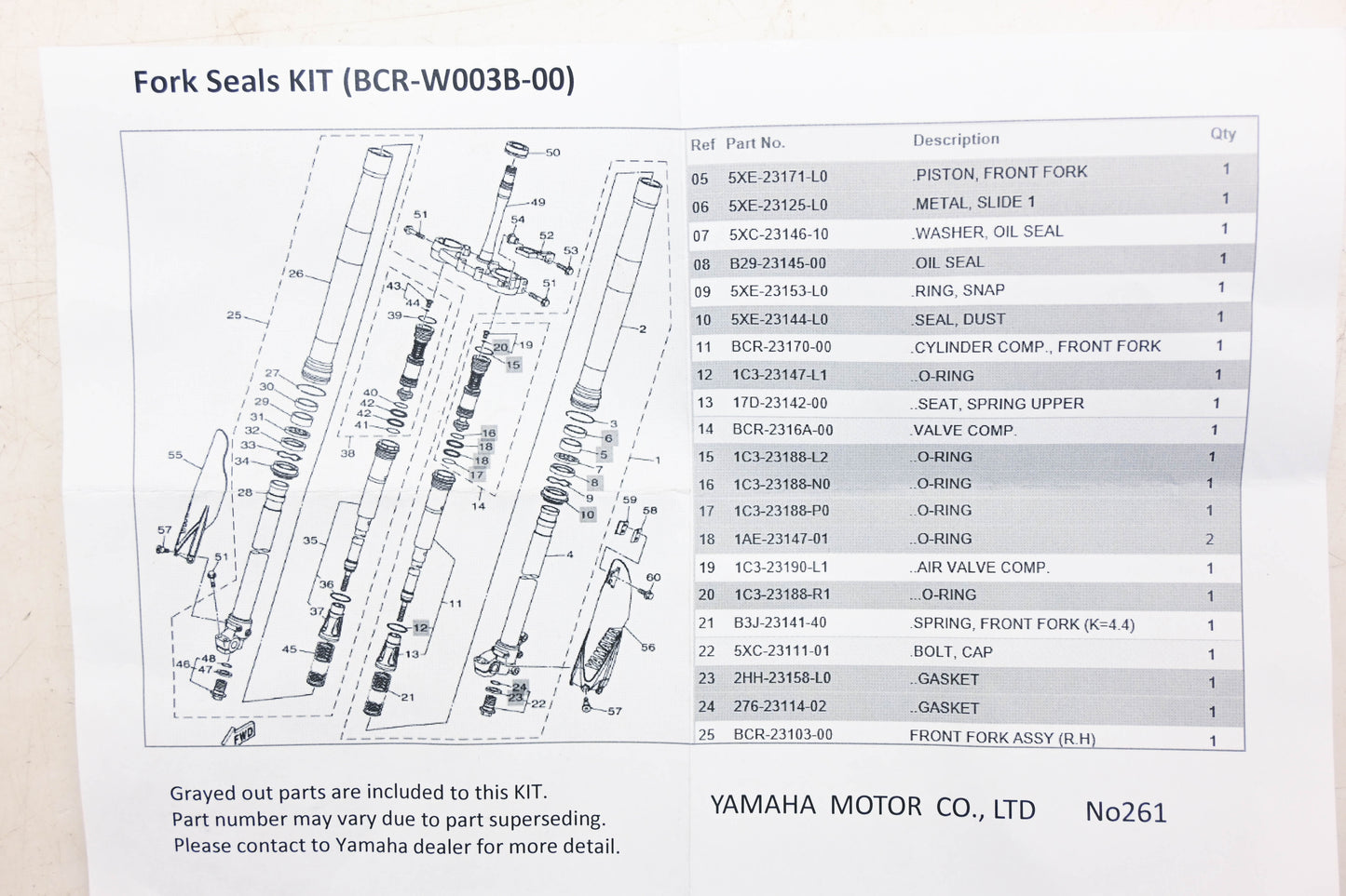 New OEM Yamaha BCR-W003B-00-00 Front Fork Seal Kit NOS