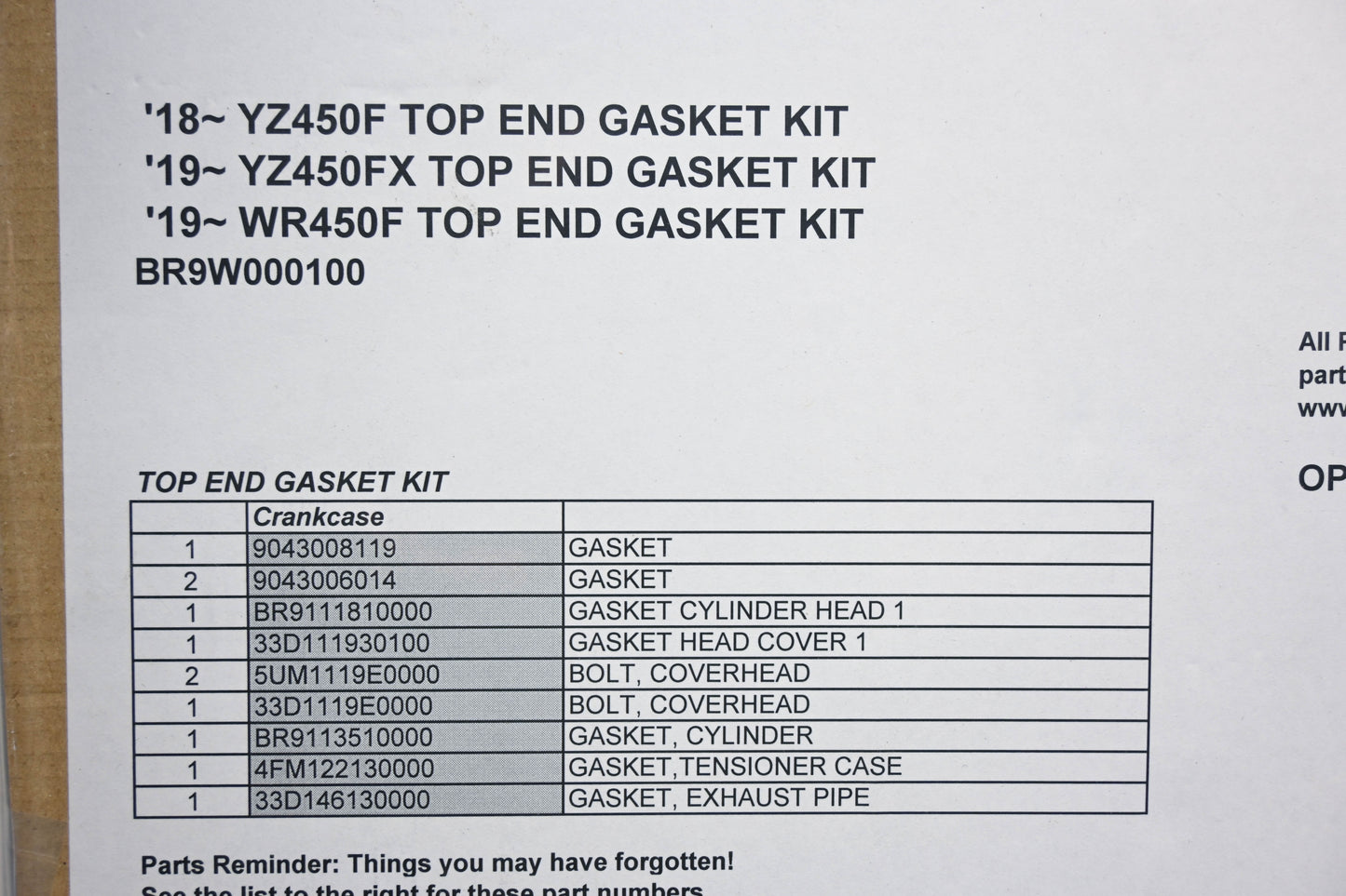 New OEM Yamaha BR9-W0001-00-00 Top End Gasket Kit NOS