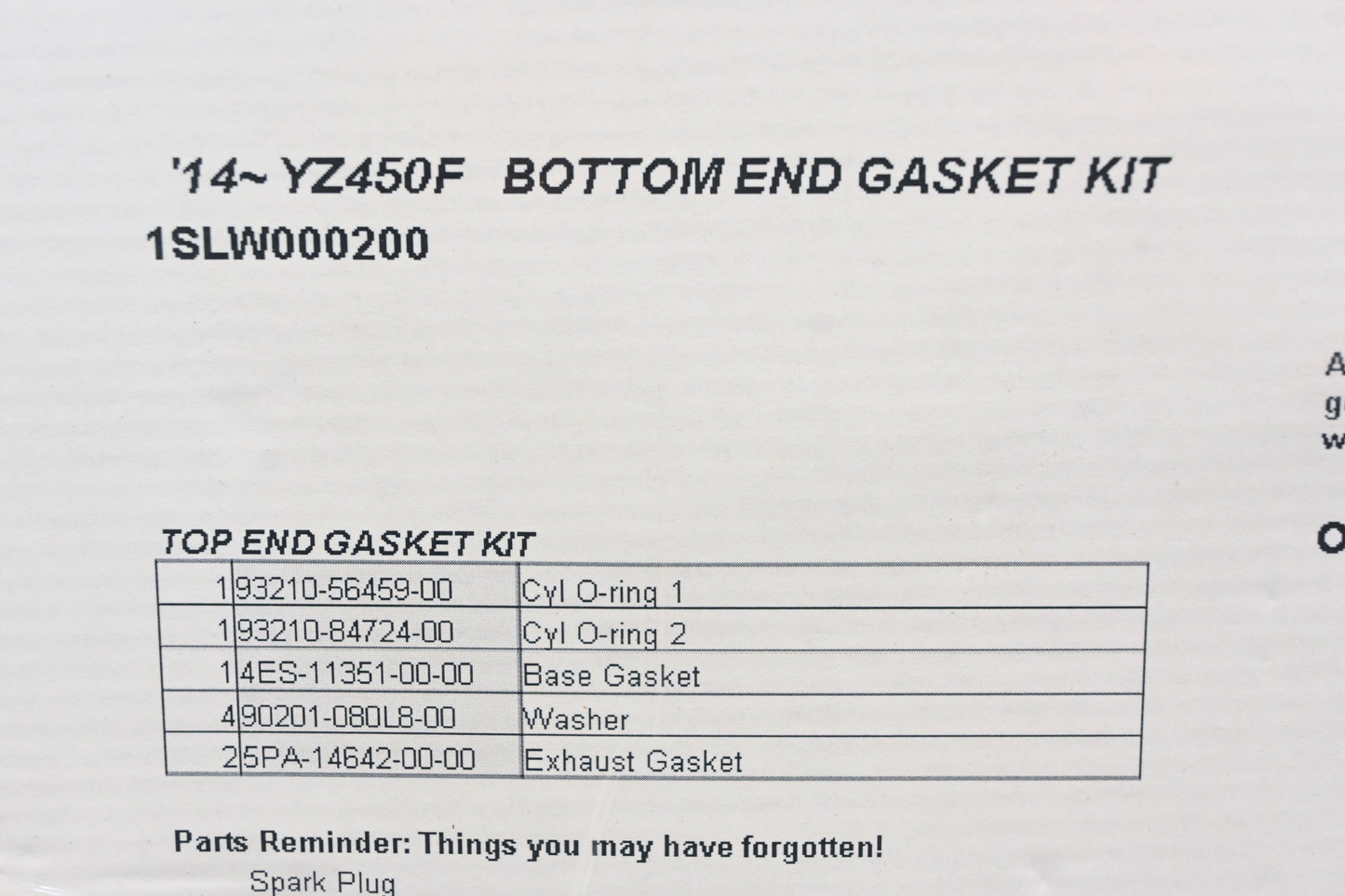 New OEM Yamaha 1SL-W0002-00-00 Bottom End Gasket Kit NOS