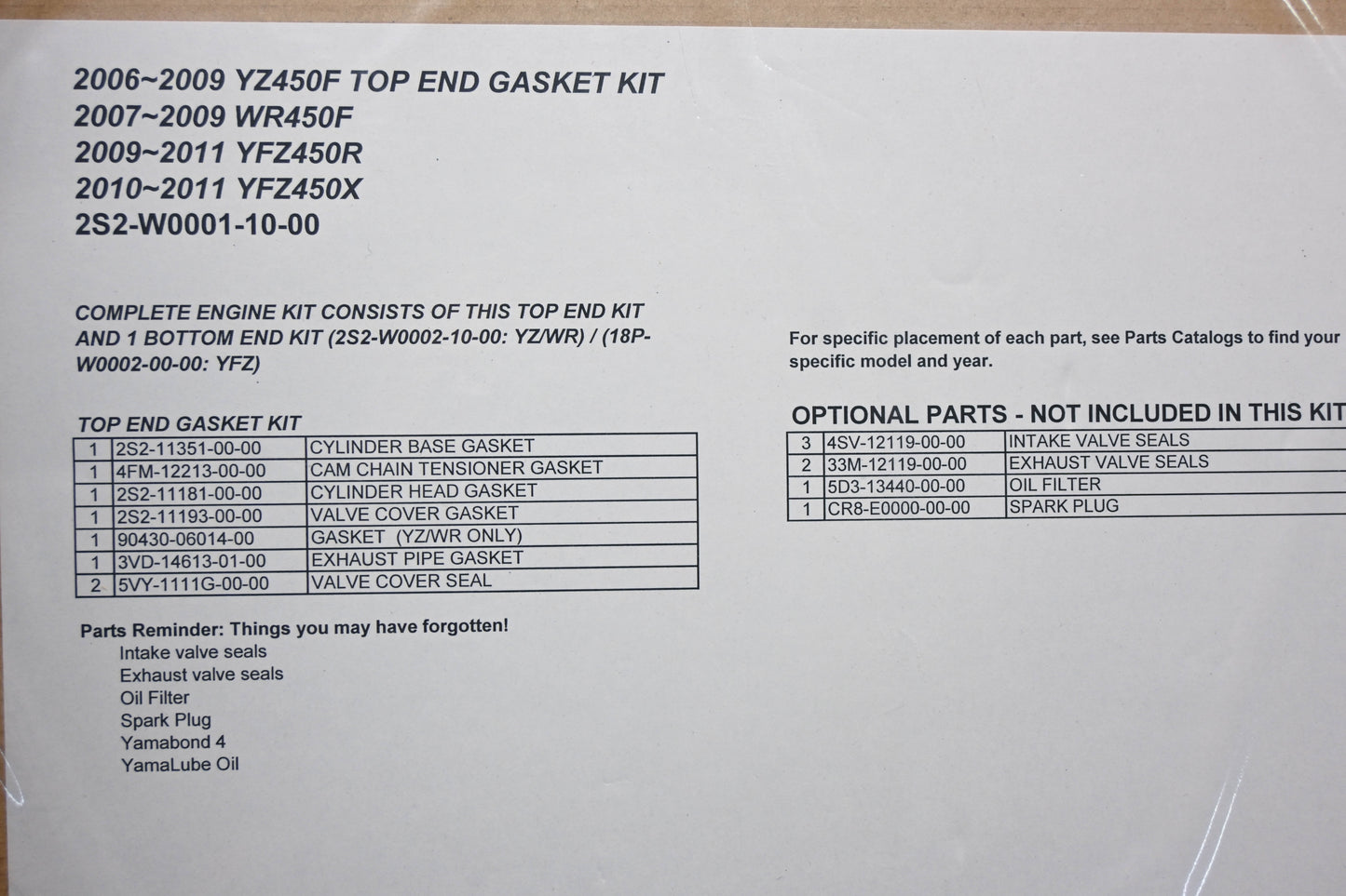 New OEM Yamaha 2S2-W0001-10-00 Top End Gasket Kit NOS