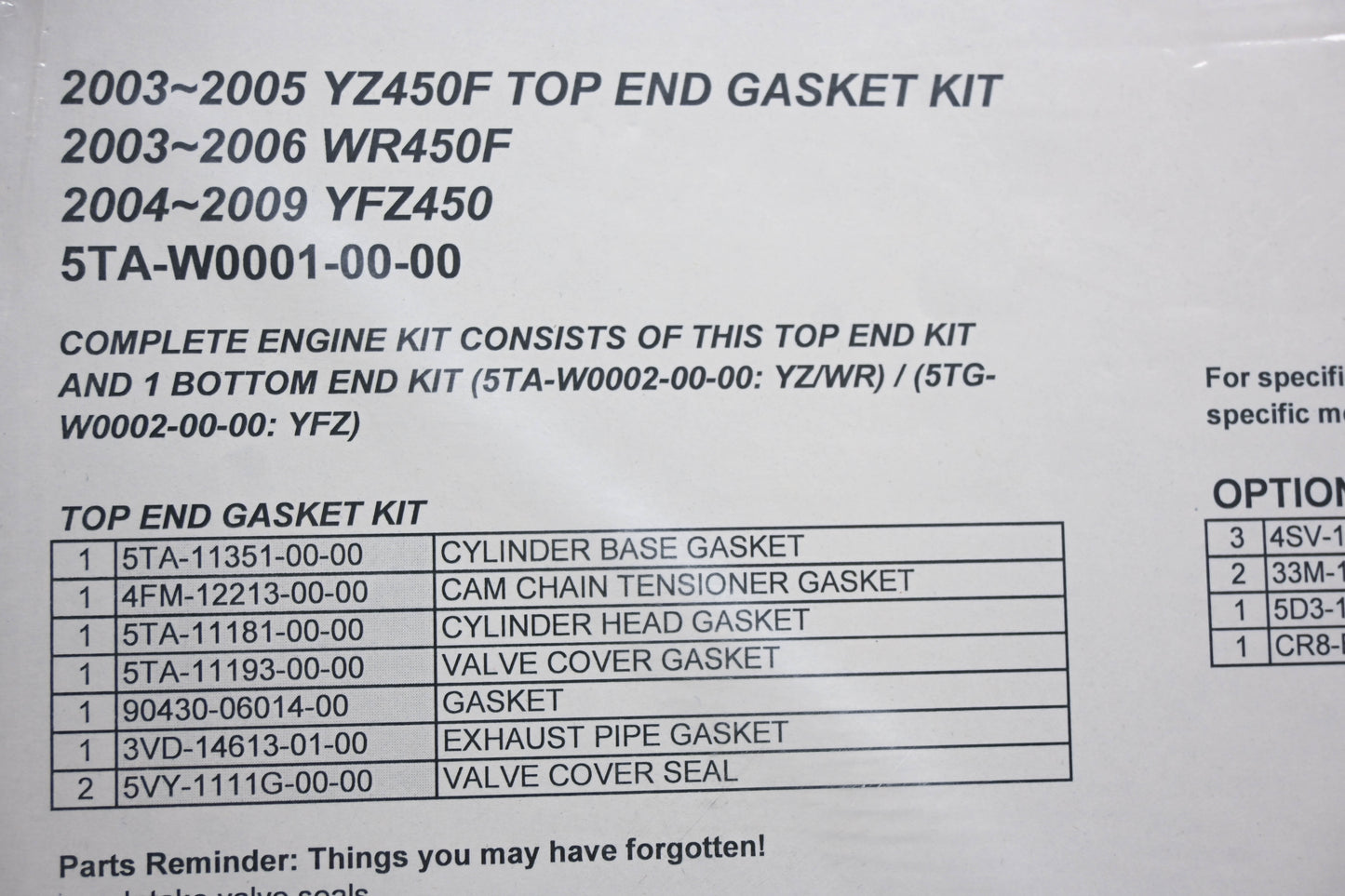 New OEM Yamaha 5TA-W0001-00-00 Top End Gasket Kit NOS