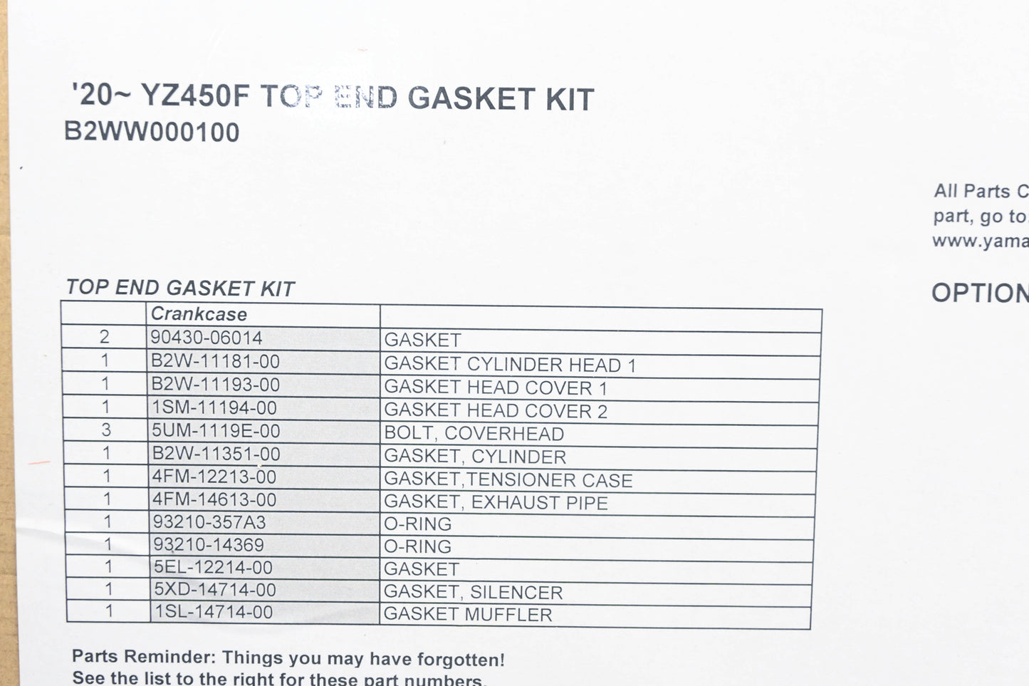 New OEM Yamaha B2W-W0001-00-00 Top End Gasket Kit NOS