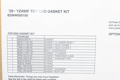 New OEM Yamaha B2W-W0001-00-00 Top End Gasket Kit NOS