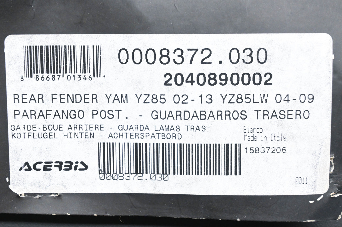 Acerbis 0008372.030, 2040890002, 20408-90002 White Rear Fender NOS