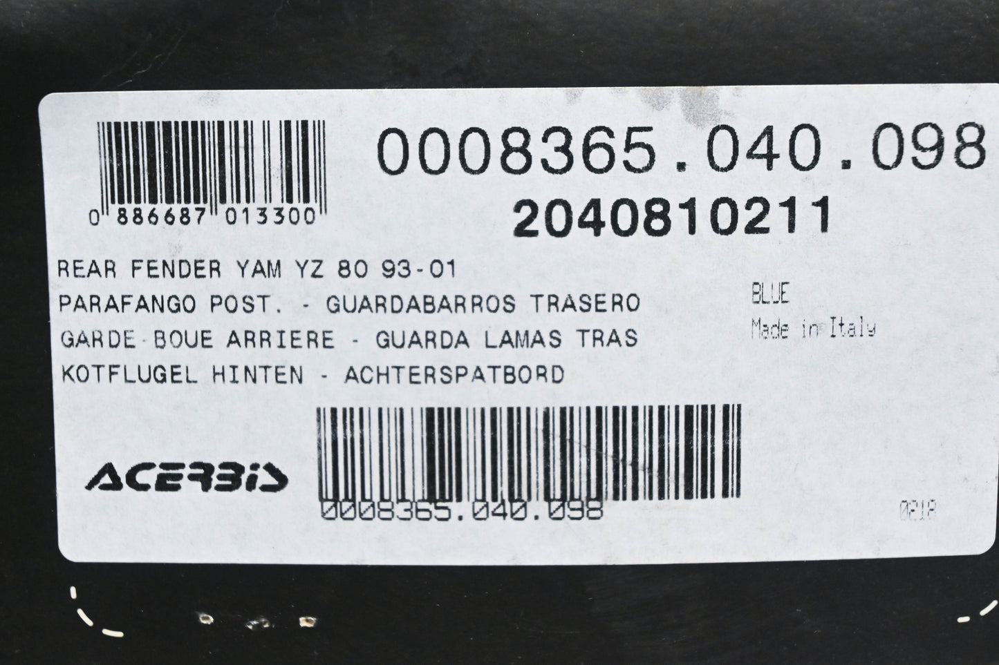 Acerbis 0008365.040.098, 2040810211, 20408-10211 Blue Rear Fender NOS