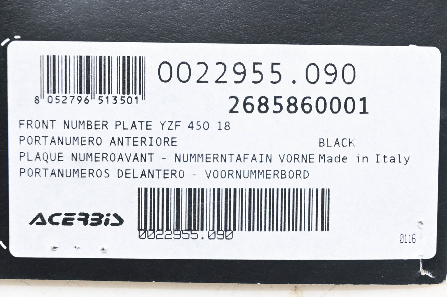 Acerbis 0022955.090, 2685860001, 26858-60001 Black Front Number Holder Panel NOS