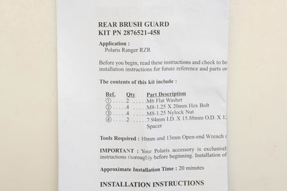 New OEM Polaris 2876521-458 Black RZR Rear Brush Guard Kit NOS