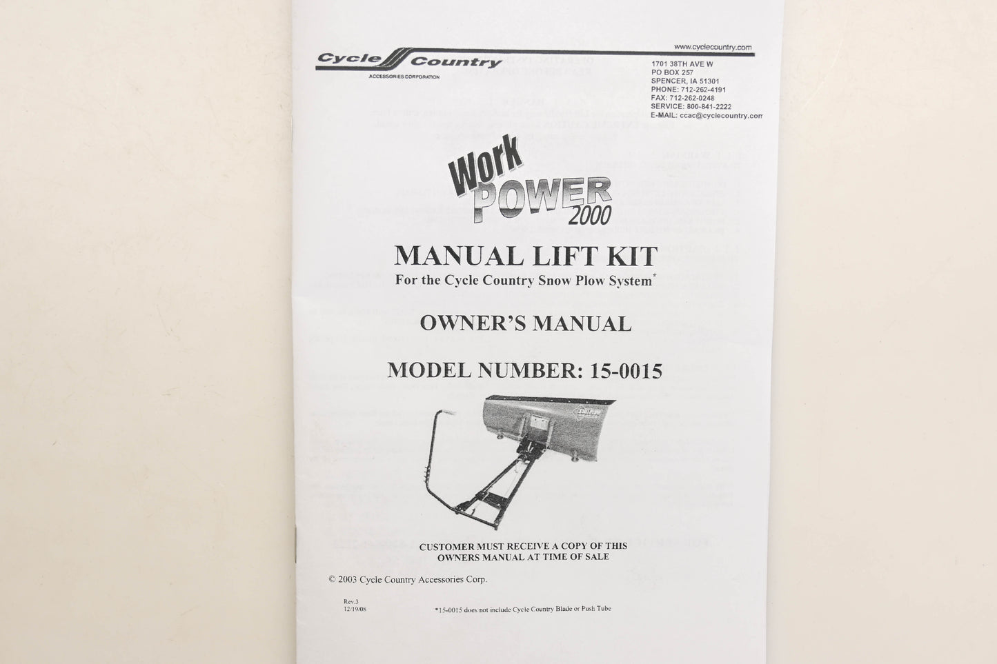 Cycle Country 15-0015 Universal Manual Plow Lift Kit NOS