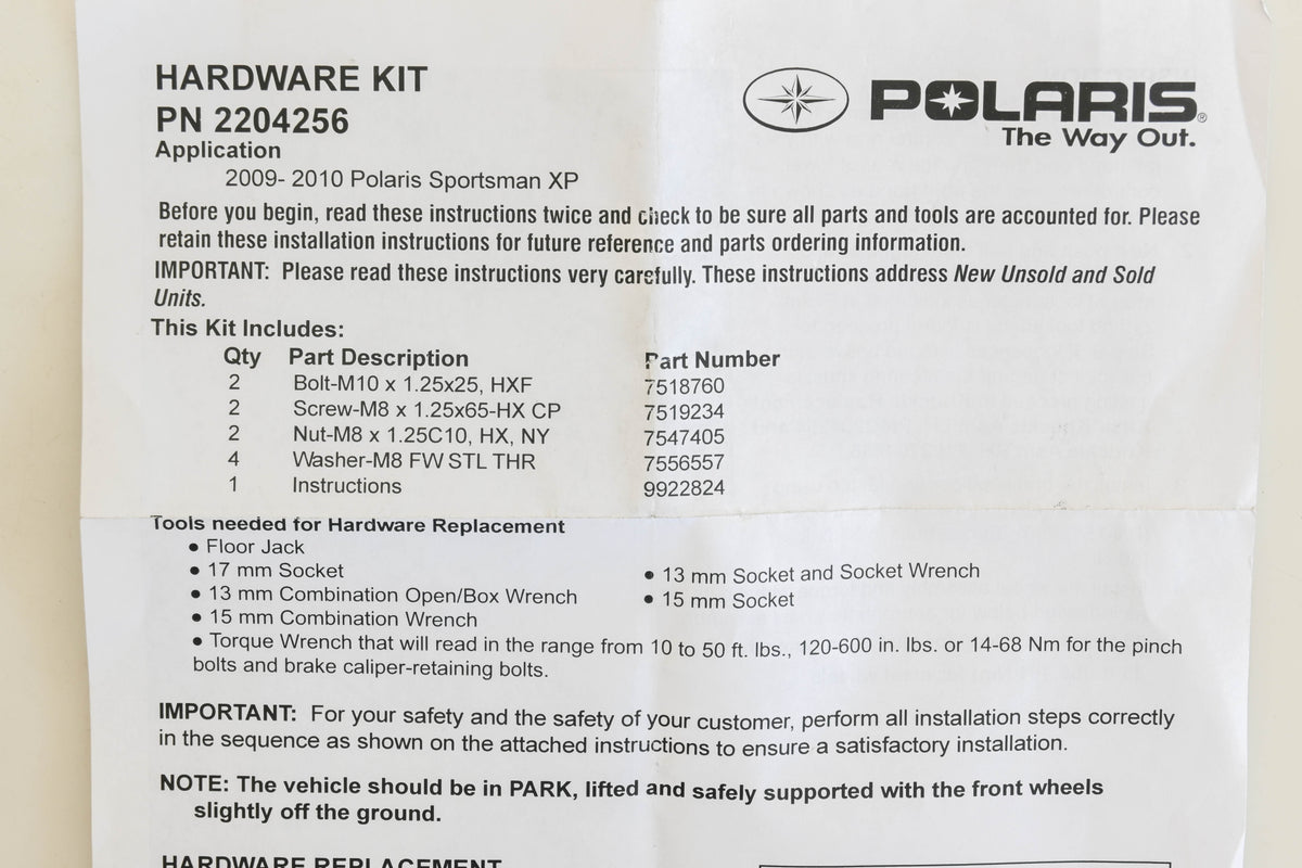 New OEM Polaris 2204256 09-10 Polaris Sportsman XP Hardware Kit NOS