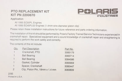 New OEM Polaris 2200670 PTO Replacement Kit NOS