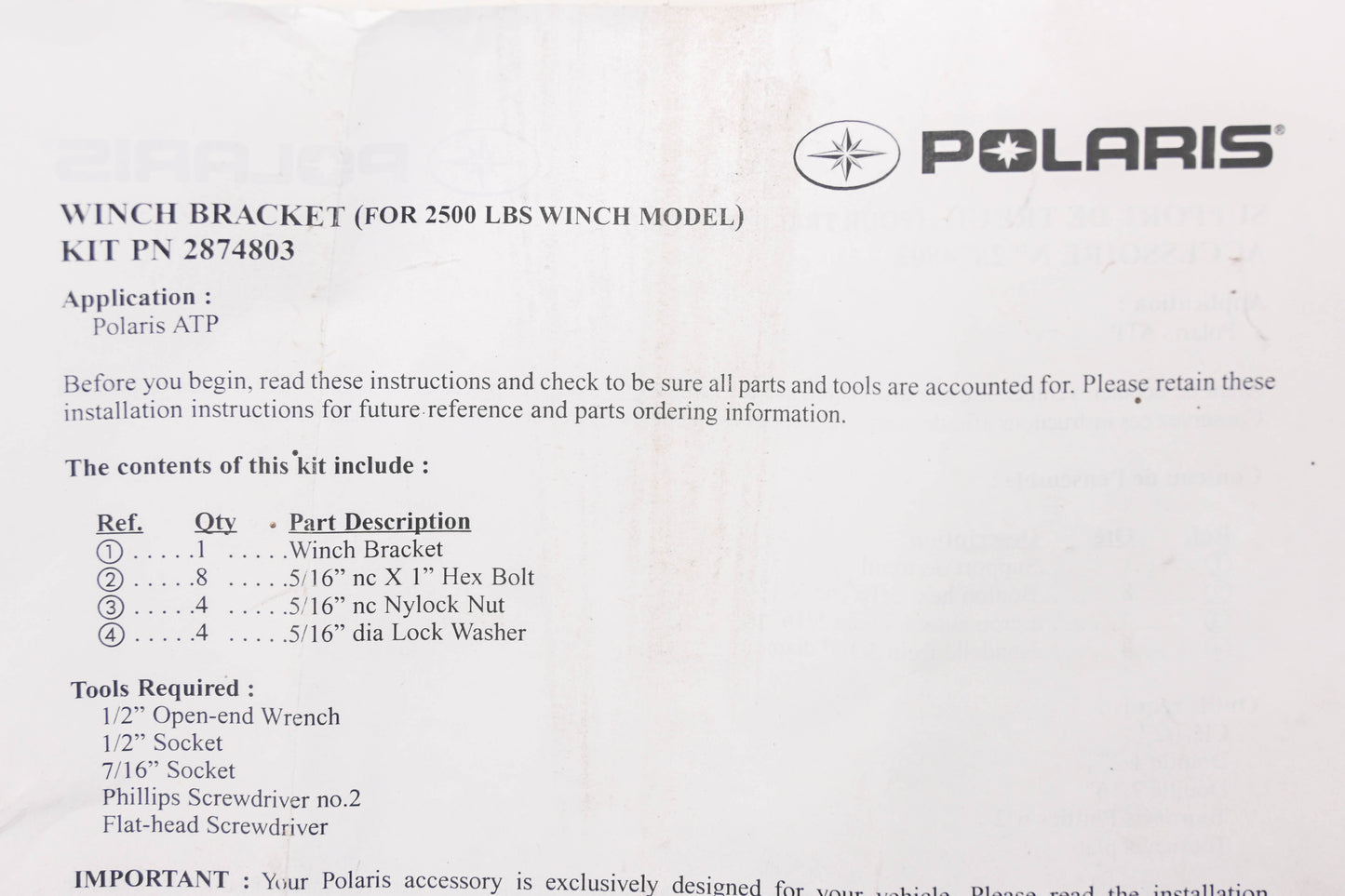 New OEM Polaris 2874803 Winch Mount Bracket Kit NOS