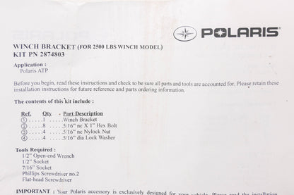 New OEM Polaris 2874803 Winch Mount Bracket Kit NOS