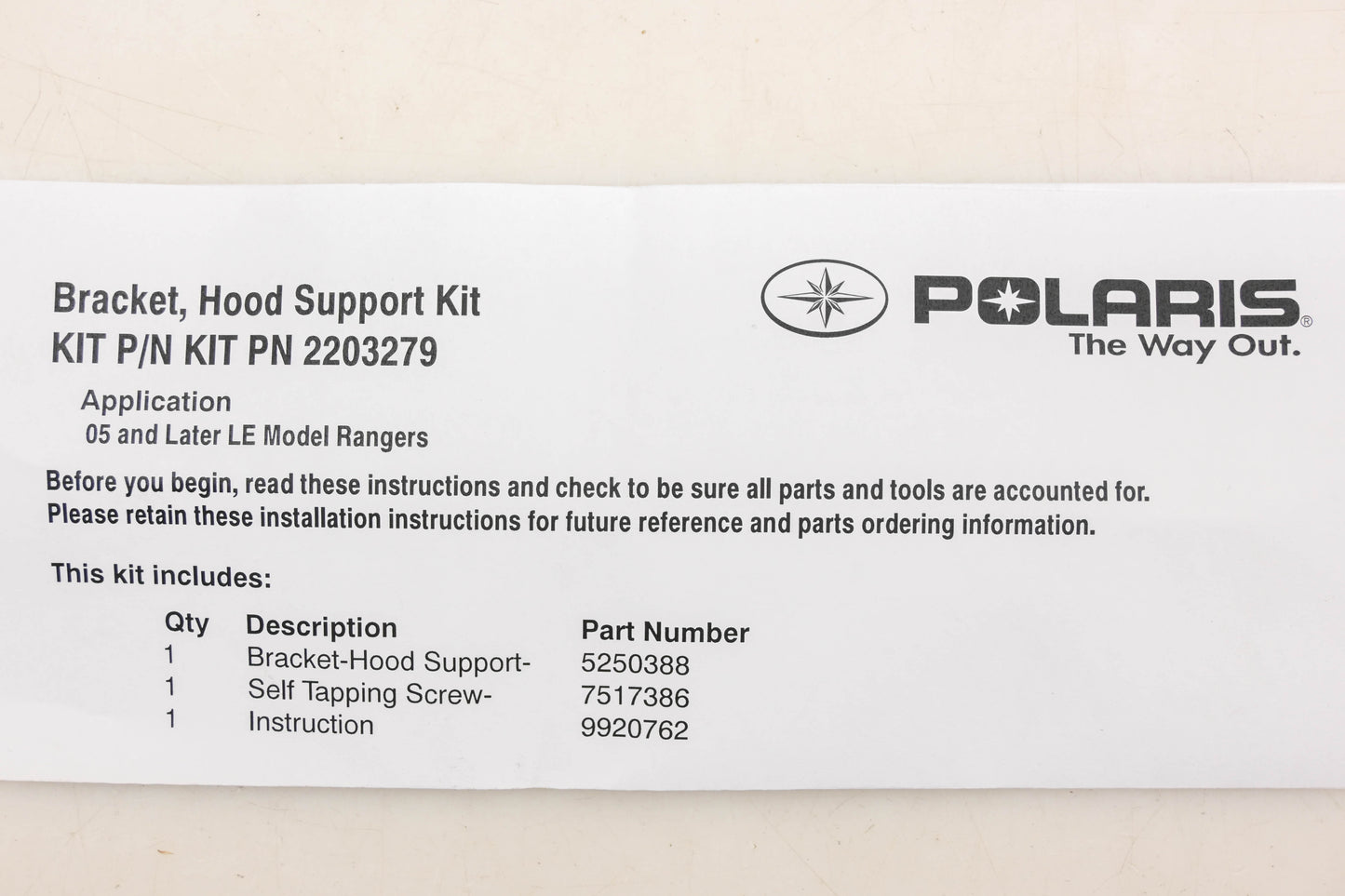 New OEM Polaris 2203279 Hood Support Bracket Kit NOS