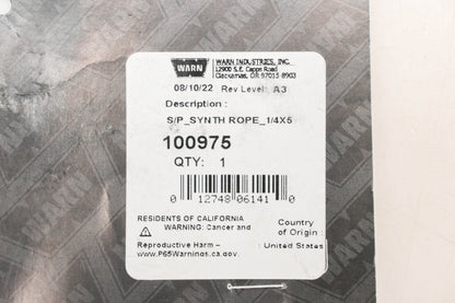 Warn 100975, 619-100975 Winch Synthetic 1/4"x50' Rope Kit NOS
