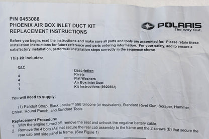 New OEM Polaris 0453088 Airbox Inlet Kit NOS