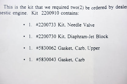 New OEM Polaris 2200910, 2200788 Carburetor Rebuild Kit NOS
