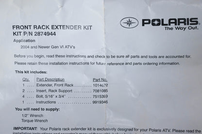 New OEM Polaris 2874944 Black Front Rack Extender Kit NOS