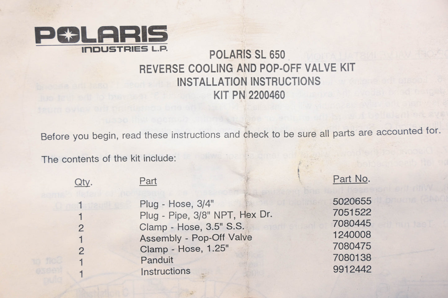 New OEM Polaris 2200460 Reverse Cooling & Pop-Off Valve Kit NOS