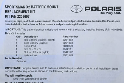 New OEM Polaris 2203697 Sportsman X2 Battery Mount Kit NOS