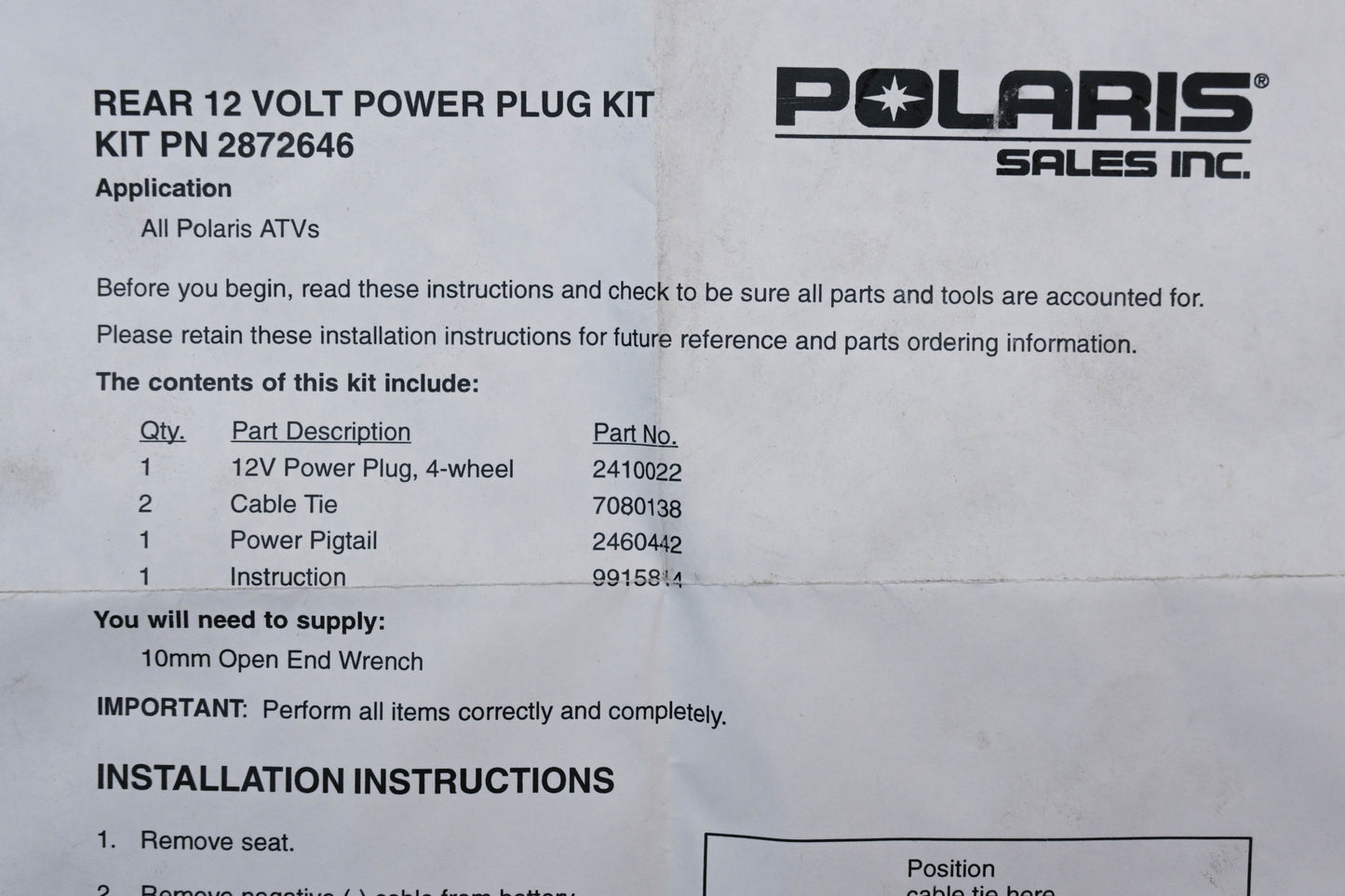 New OEM Polaris 2872646 12V Power Plug Kit NOS