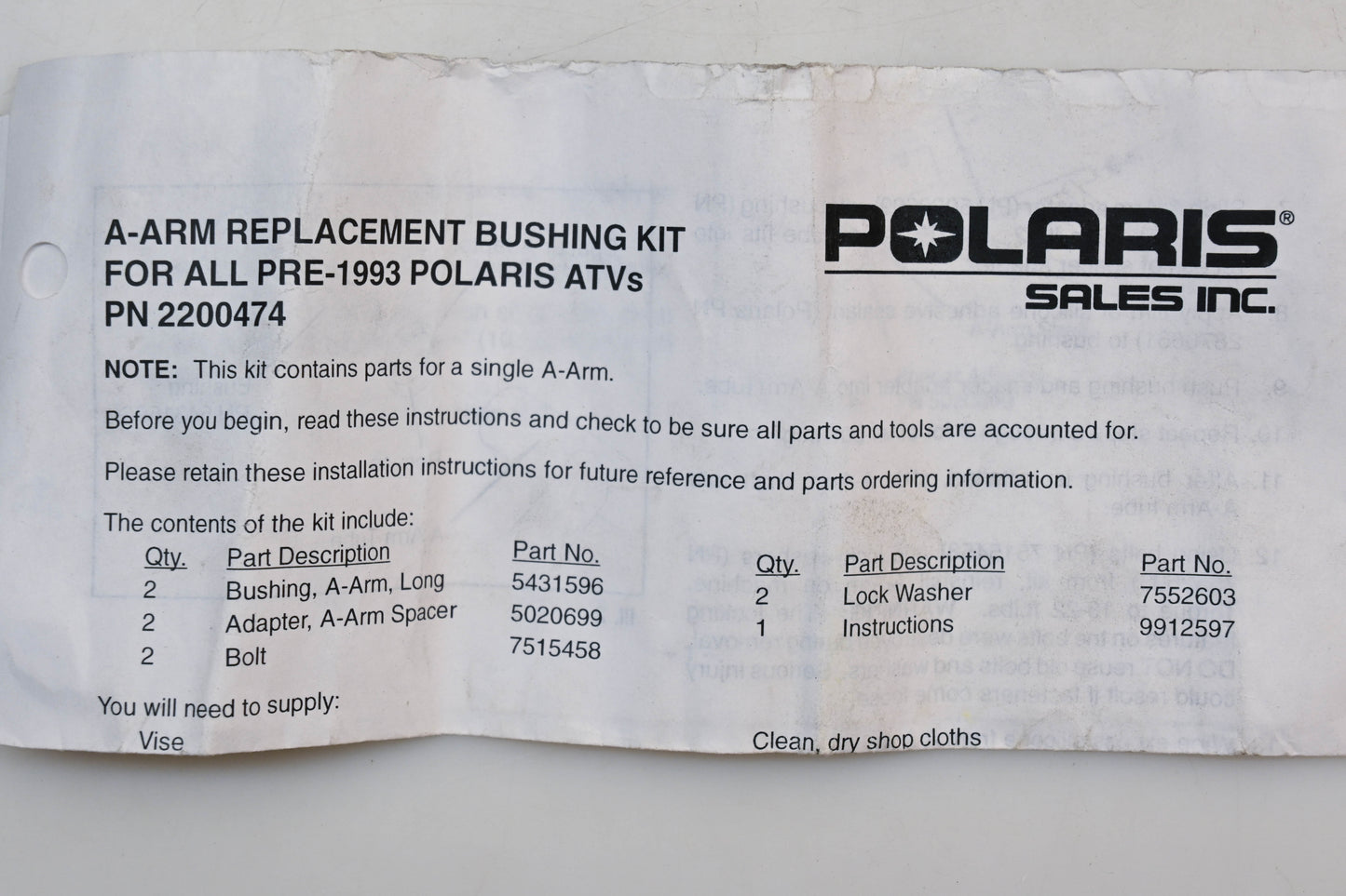 New OEM Polaris 2200474 A-Arm Replacement Bushing Kit NOS