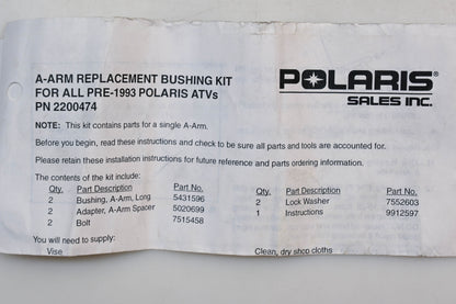 New OEM Polaris 2200474 A-Arm Replacement Bushing Kit NOS