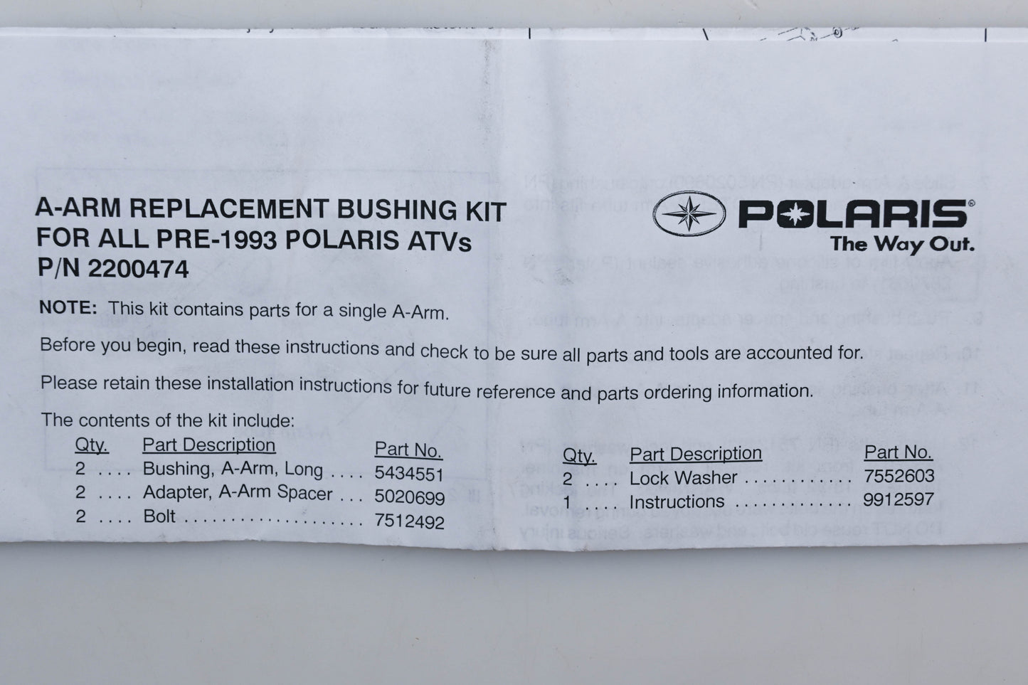 New OEM Polaris 2200474 A-Arm Replacement Bushing Kit NOS