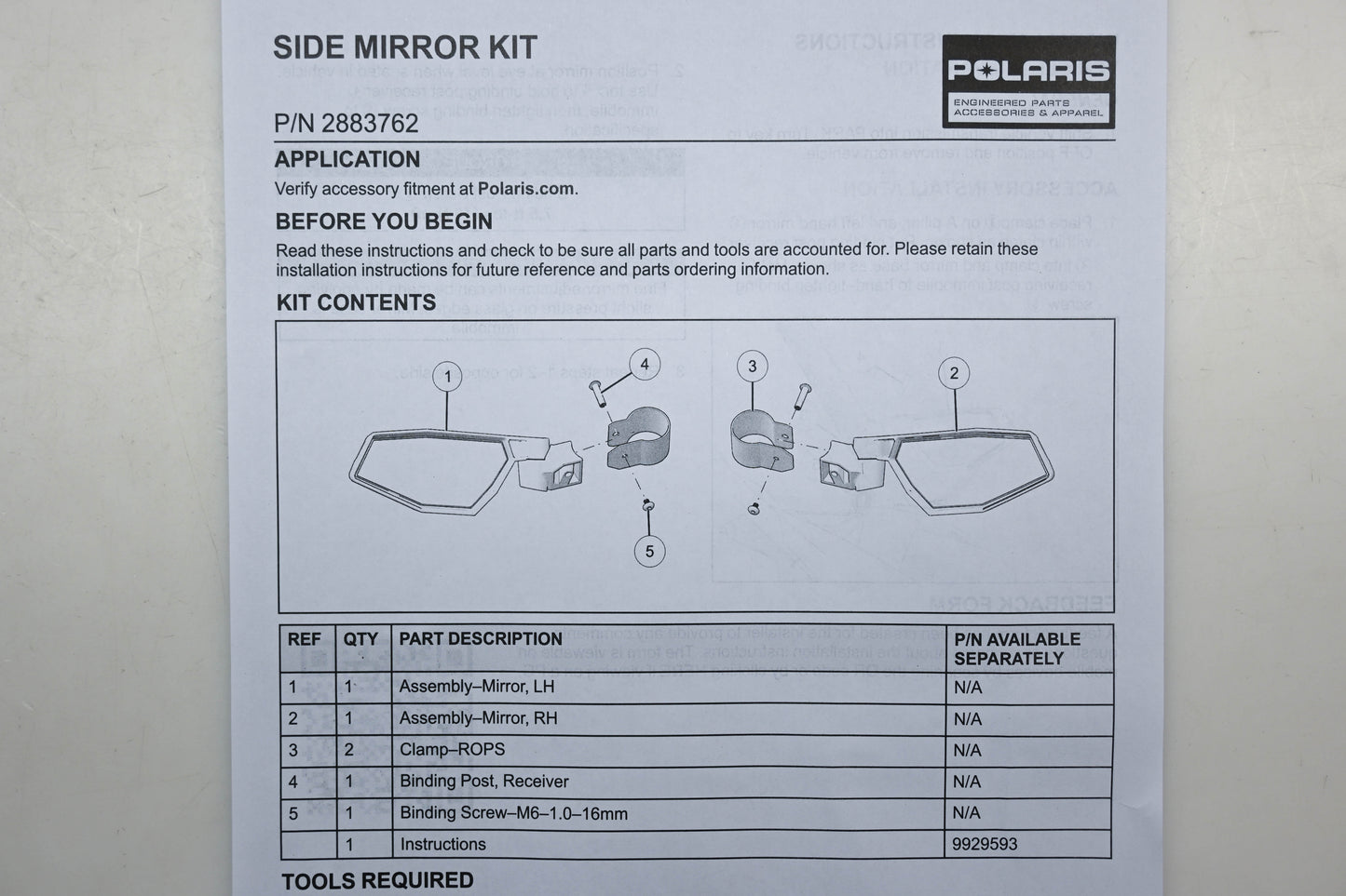 New OEM Polaris 2883762 Side Mirror Kit NOS