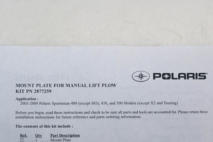 New OEM Polaris 2877259 Manual Lift Plow Mounting Plate NOS