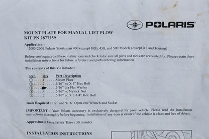 OEM Polaris 2877259 Manual Lift Plow Mounting Plate Kit
