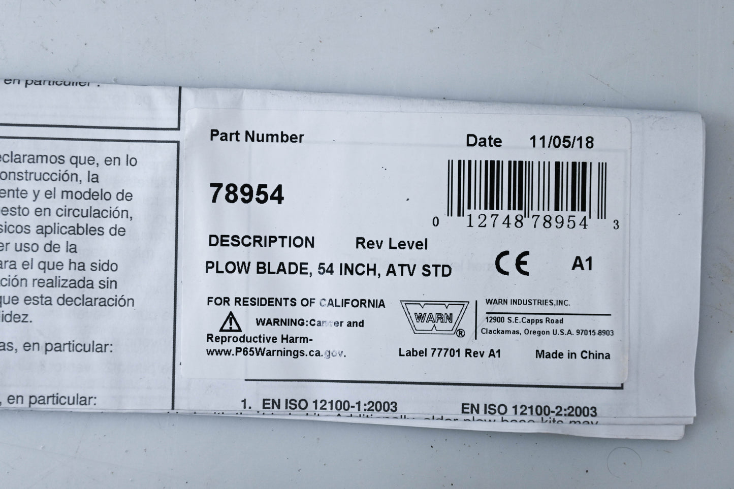 Warn 78954 54" Straight Blade Plow Kit NOS