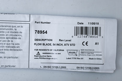 Warn 78954 54" Straight Blade Plow Kit NOS
