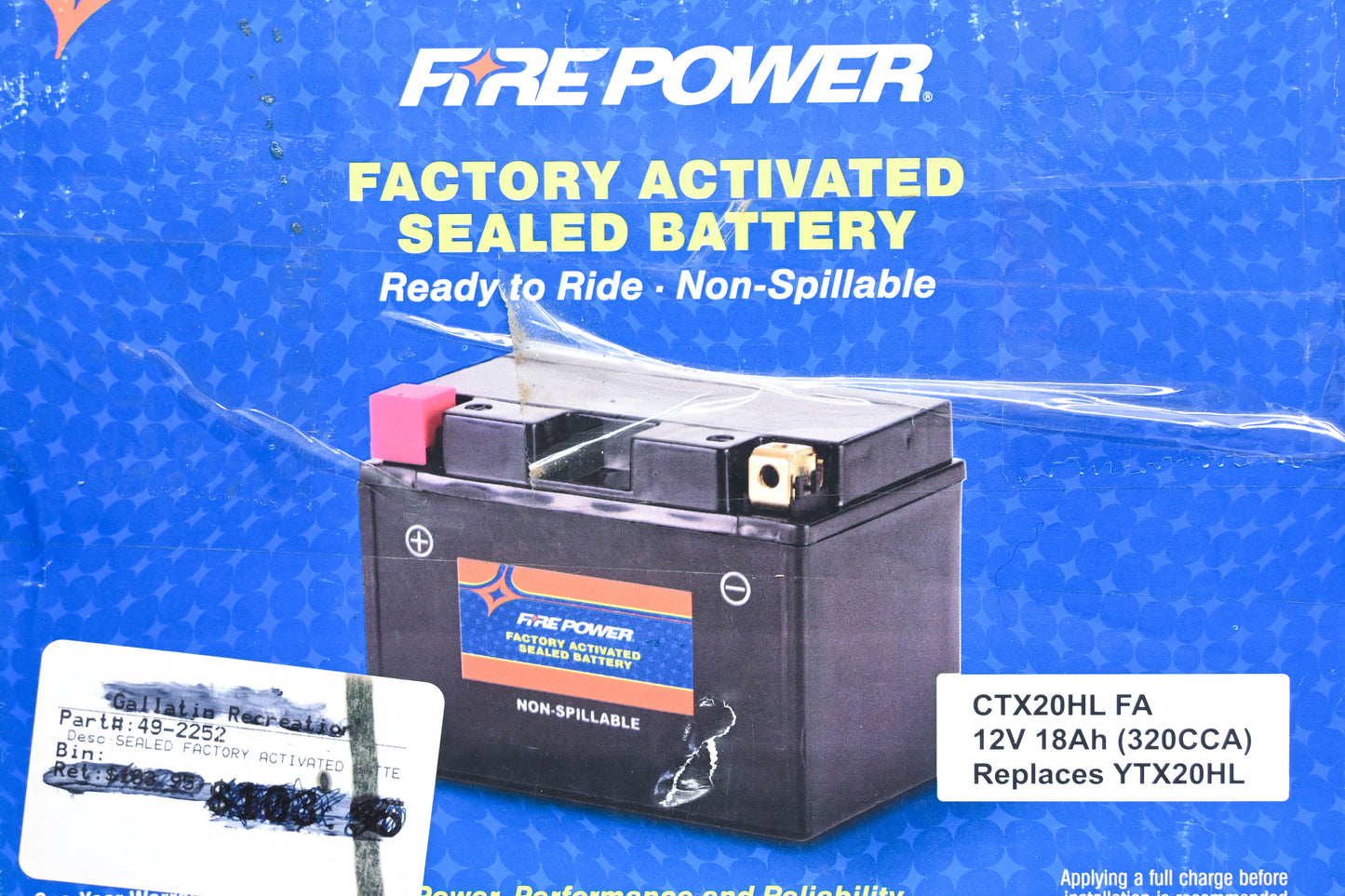 Firepower CTX20HL FA, YTX20HL, 49-2252 Factory Activated Sealed Battery 12V 18Ah NOS