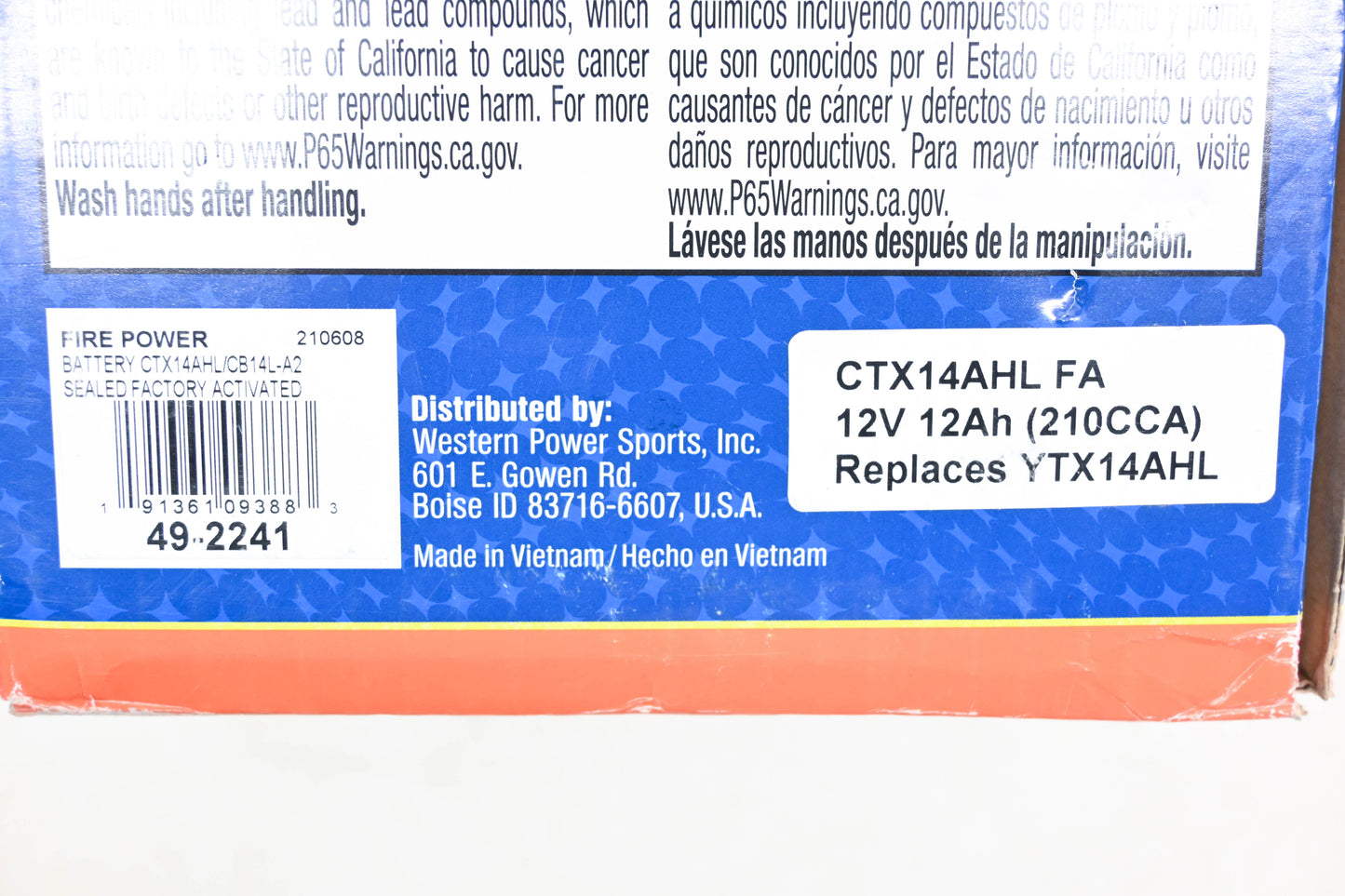 Firepower CTX14AHL FA, YTX14AHL, 49-2241 Factory Activated Sealed Battery 12V 12Ah NOS