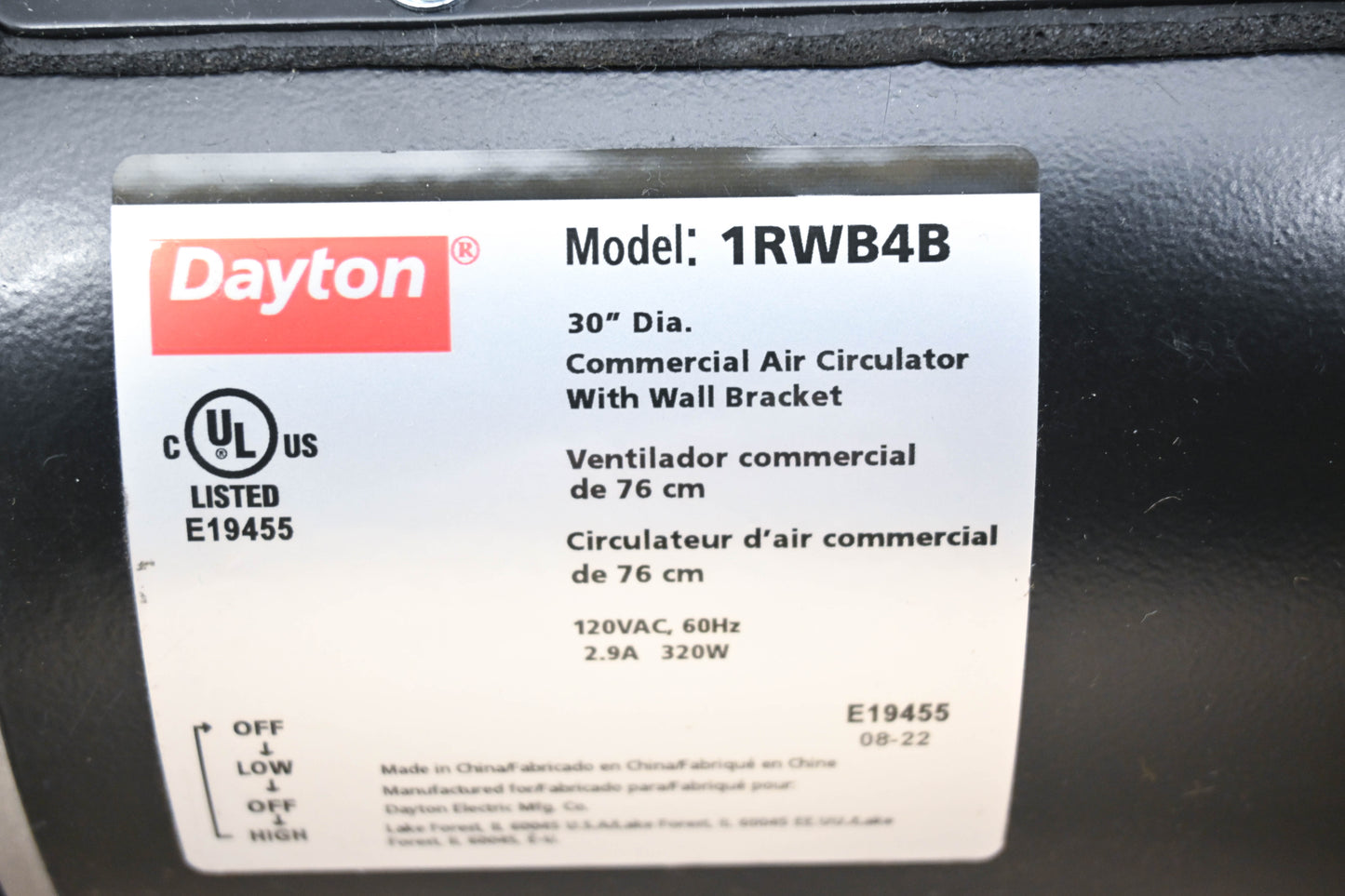 Dayton 1RWB4B Commercial Air Circulator with Wall Bracket NOS