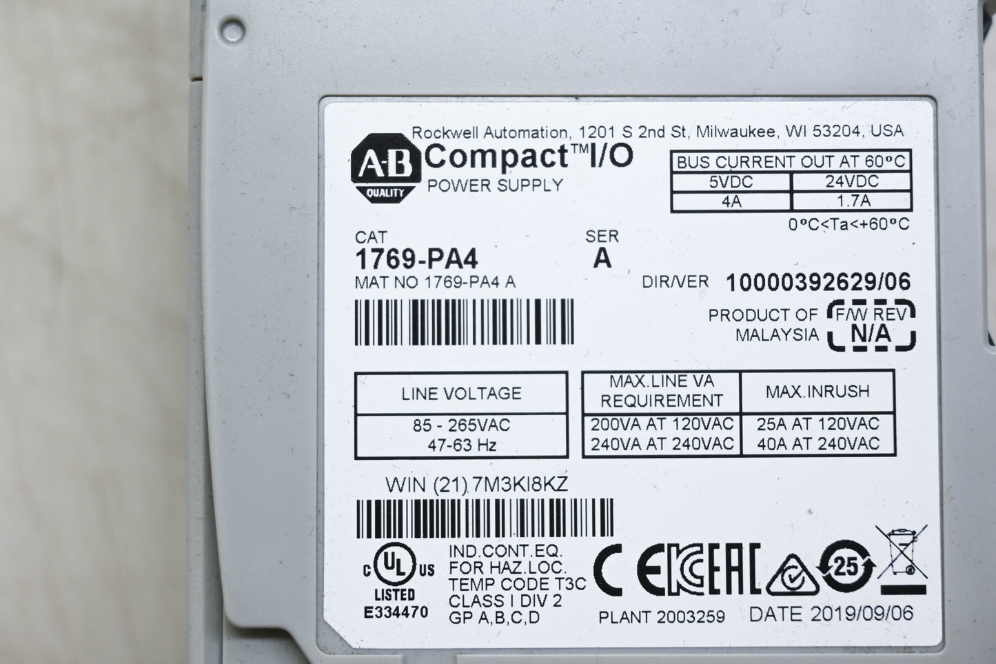 Allen-Bradley 1769-PA4 Series A Ompact I/O Power Supply NOS