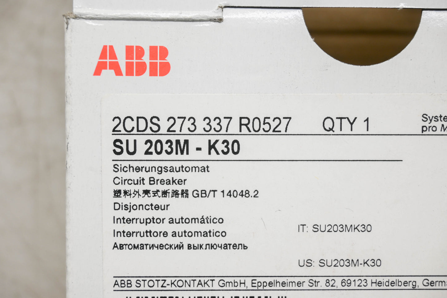 ABB 2CDS 273 337 R0527, SU 203M-K30 Circuit Breaker NOS