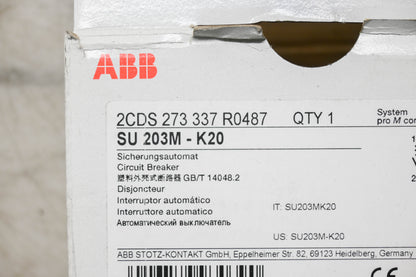 ABB 2CDS 273 337 R0487, SU 203M-K20 3-Pole Miniature Circuit Breaker NOS
