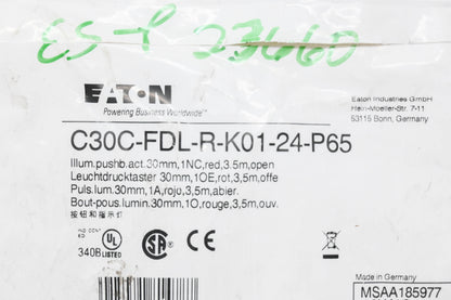Eaton C30C-FDL-R-K01-24-P65 Red Push Button NOS