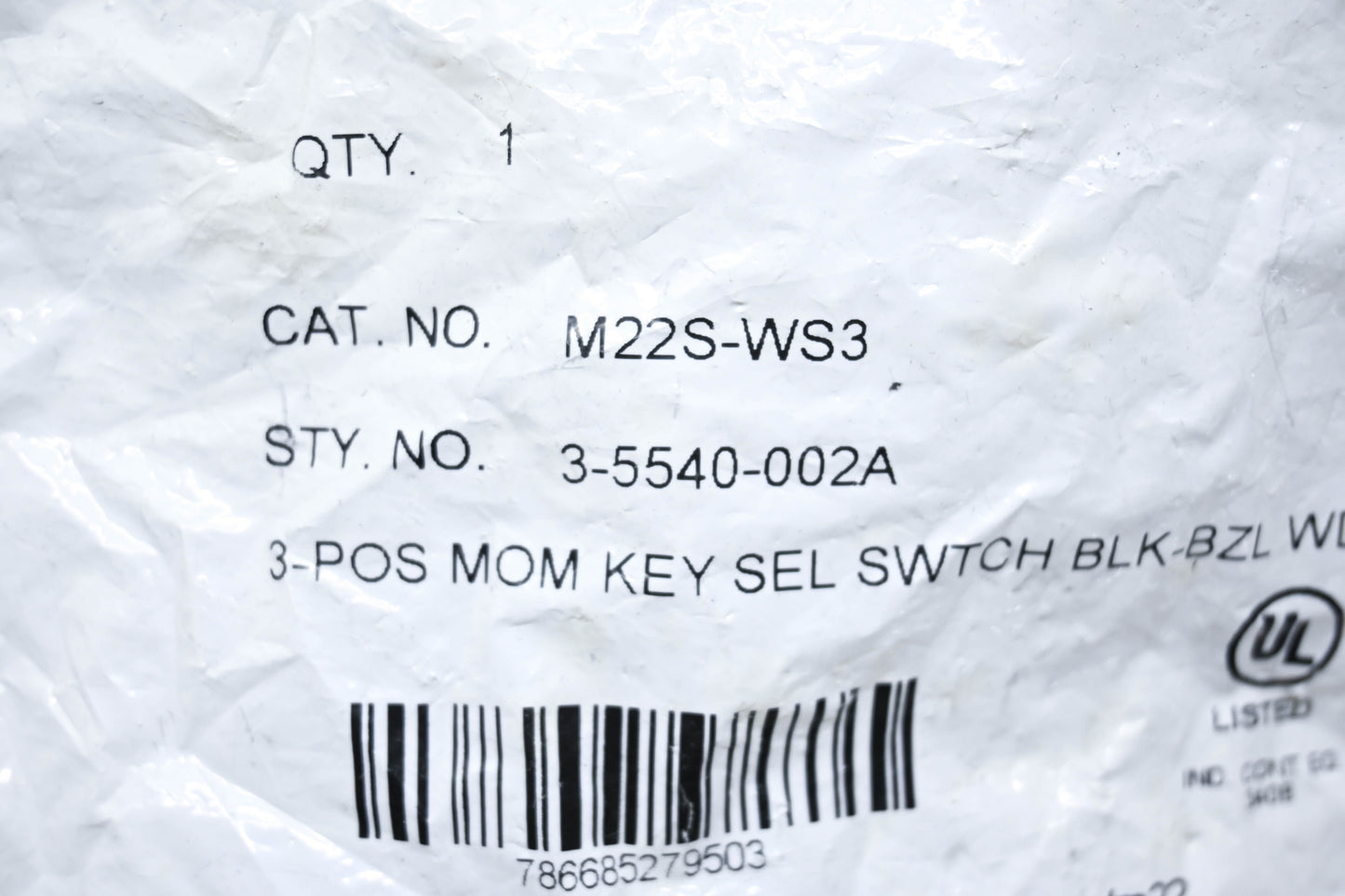 Eaton M22S-WS3 Selector Switch and Key NOS